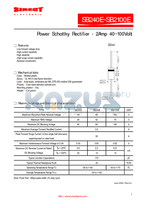 SB240E datasheet - Power Schottky Rectifier - 2Amp 40~100Volt