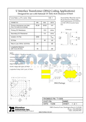 T-13205 datasheet - U Interface Transformer (2B1Q Coding Applications)