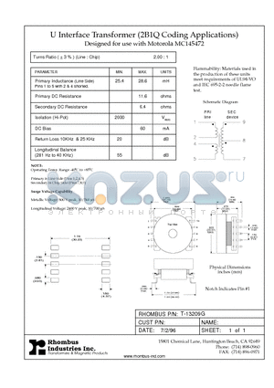 T-13209G datasheet - U Interface Transformer