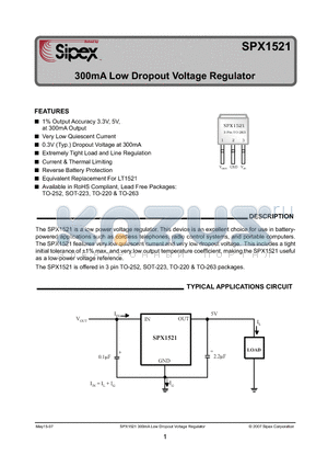 SPX1521T-L-5-0 datasheet - 300mA Low Dropout Voltage Regulator
