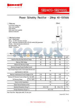 SB240S datasheet - Power Schottky Rectifier - 2Amp 40~100Volt