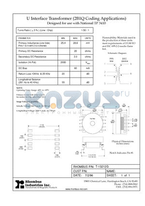 T-13212G datasheet - U Interface Transformer (2B1Q Coding Applications)