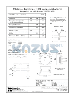 T-13215G datasheet - U Interface Transformer