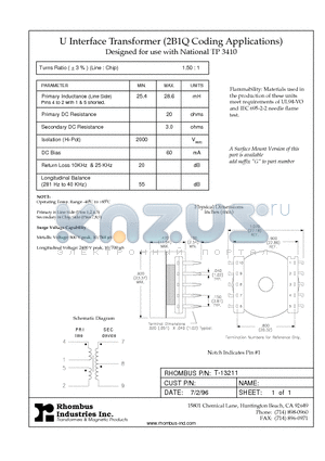 T-13211 datasheet - U Interface Transformer (2B1Q Coding Applications)