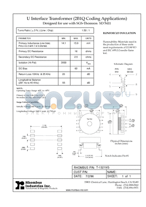 T-13219G datasheet - U Interface Transformer (2B1Q Coding Applications)