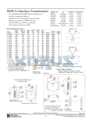 T-13220 datasheet - ISDN U-Interface Transformers