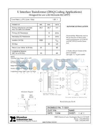 T-13221 datasheet - U Interface Transformer (2B1Q Coding Applications)