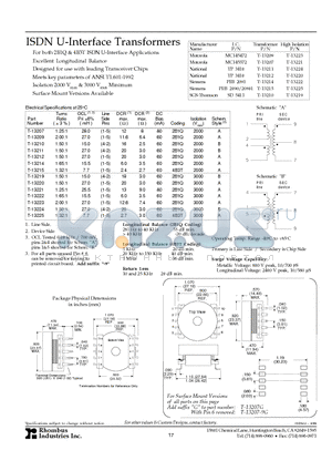 T-13223 datasheet - ISDN U-Interface Transformers