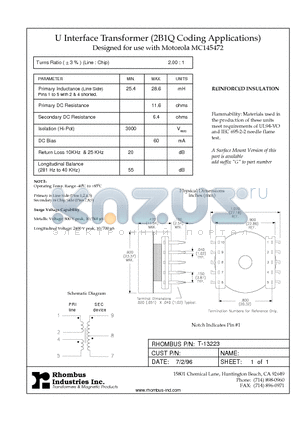 T-13223 datasheet - U Interface Transformer (2B1Q Coding Applications)