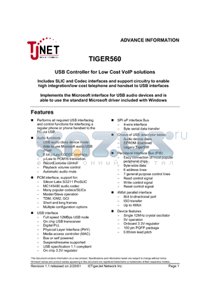 TIGER560 datasheet - USB Controller for Low Cost VoIP solutions