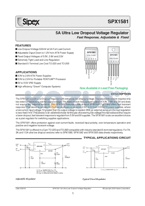 SPX1581T-2.5 datasheet - 5A Ultra Low Dropout Voltage Regulator Fast Response, Adjustable & Fixed