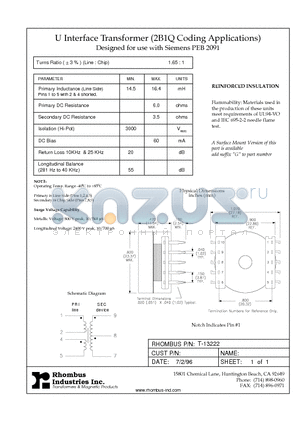 T-13222 datasheet - U Interface Transformer (2B1Q Coding Applications)