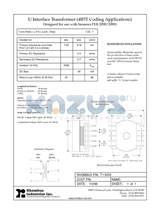 T-13225 datasheet - U Interface Transformer (4B3T Coding Applications)