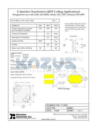 T-13226 datasheet - U Interface Transformer (4B3T Coding Applications)