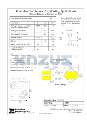 T-13227 datasheet - U Interface Transformer (2B1Q Coding Applications)