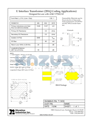 T-13230 datasheet - U Interface Transformer (2B1Q Coding Applications)