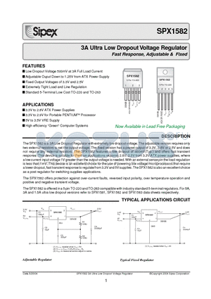 SPX1582T-3.3 datasheet - 3A Ultra Low Dropout Voltage Regulator Fast Response, Adjustable & Fixed