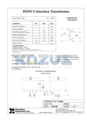 T-13401 datasheet - ISDN S Interface Transformer