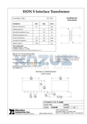 T-13402 datasheet - ISDN S Interface Transformer