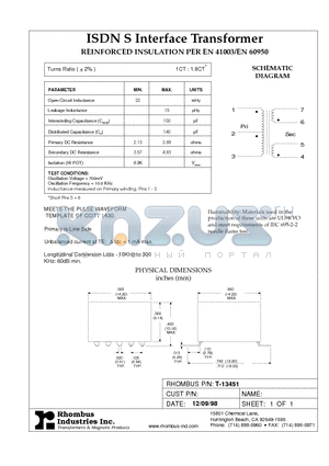 T-13451 datasheet - ISDN S Interface Transformer