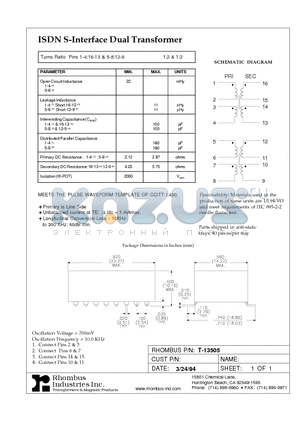 T-13505 datasheet - ISDN S-Interface Dual Transformer
