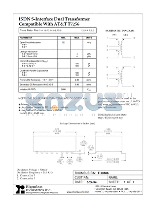 T-13506 datasheet - ISDN S-Interface Dual Transformer