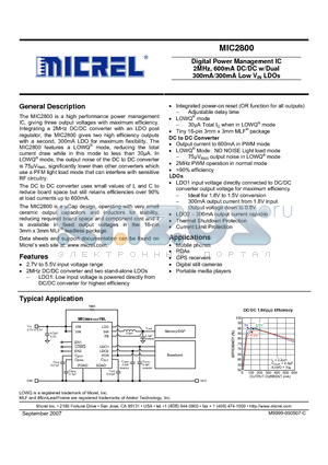 MIC2800-1.8/1.58/3.3YML datasheet - Digital Power Management IC 2MHz, 600mA DC/DC w/Dual 300mA/300mA Low VIN LDOs