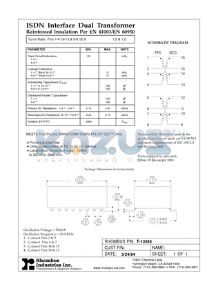 T-13555 datasheet - ISDN Interface Dual Transformer
