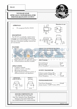 TIL119 datasheet - NON BASE LEAD OPTICALLY COUPLED ISOLATOR PHOTODARLINGTON OUTPUT