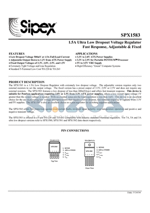 SPX1583T-1.5 datasheet - 1.5A Ultra Low Dropout Voltage Regulator Fast Response, Adjustable & Fixed