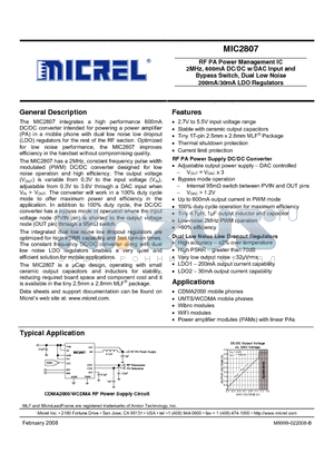 MIC2807 datasheet - RF PA Power Management IC 2MHz, 600mA DC/DC w/DAC Input and Bypass Switch, Dual Low Noise