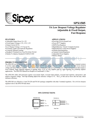 SPX1585 datasheet - 5A Low Dropout Voltage Regulator Adjustable & Fixed Output, Fast Response