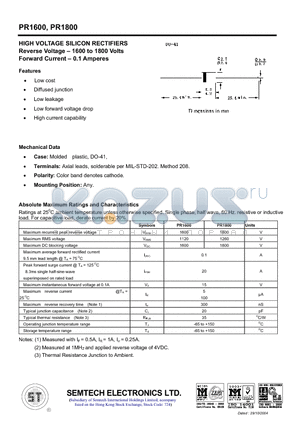 PR1800 datasheet - HIGH VOLTAGE SILICON RECTIFIERS