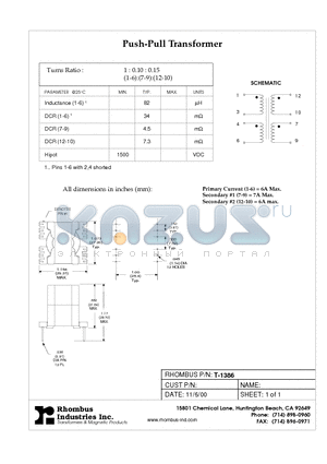 T-1386 datasheet - Push-Pull Transformer