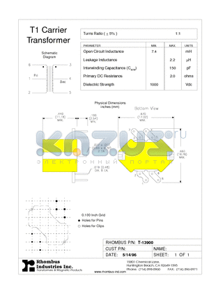 T-13900 datasheet - T1 Carrier Transformer