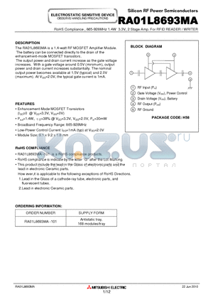 RA01L8693MA_10 datasheet - 865-928MHz 1.4W 3.3V, 2 Stage Amp. For RFID READER / WRITER