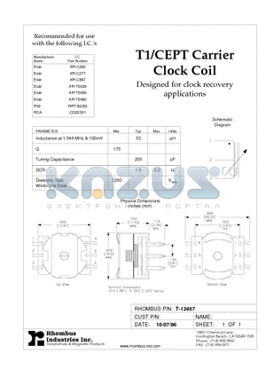 T-13957 datasheet - T1/CEPT Carrier Clock Coil