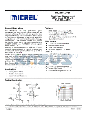 MIC2821-4GJLYML datasheet - Digital Power Management IC 2MHz, 600mA DC/DC with Triple 300mA LDOs