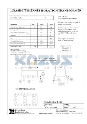 T-14001 datasheet - 10BASE-T/ETHERNET ISOLATION TRANSFORMER