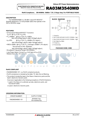 RA03M3540MD datasheet - RoHS Compliance , 350-400MHz 38dBm 7.2V, 2 Stage Amp. For PORTABLE RADIO