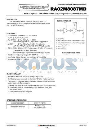 RA02M8087MD-101 datasheet - 806-869MHz 34dBm 7.2V, 2 Stage Amp. For PORTABLE RADIO