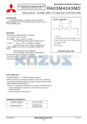 RA03M4043MD datasheet - RF MOSFET MODULE 400-430MHz 38dBm 7.2V, 2 Stage Amp. For PORTABLE RADIO