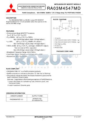 RA03M4547MD datasheet - RF MOSFET MODULE 450-470MHz 38dBm 7.2V, 2 Stage Amp. For PORTABLE RADIO