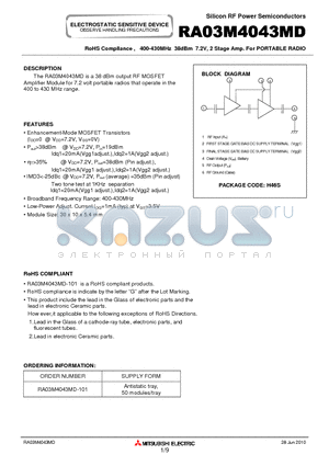 RA03M4043MD datasheet - RoHS Compliance , 400-430MHz 38dBm 7.2V, 2 Stage Amp. For PORTABLE RADIO