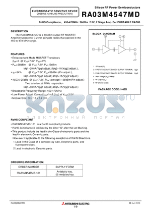 RA03M4547MD-101 datasheet - RoHS Compliance , 450-470MHz 38dBm 7.2V, 2 Stage Amp. For PORTABLE RADIO