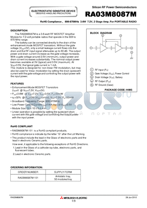 RA03M8087M datasheet - 806-870MHz 3.6W 7.2V, 2 Stage Amp. For PORTABLE RADIO