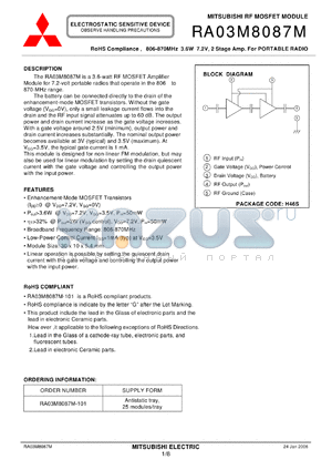 RA03M8087M-101 datasheet - RoHS Compliance , 806-870MHz 3.6W 7.2V, 2 Stage Amp. For PORTABLE RADIO