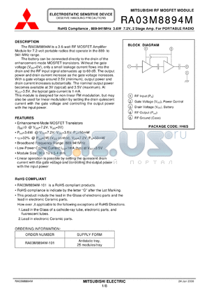 RA03M8894M datasheet - 889-941MHz 3.6W 7.2V, 2 Stage Amp. For PORTABLE RADIO