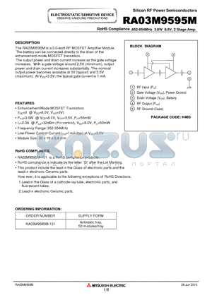 RA03M9595M-101 datasheet - 952-954MHz 3.0W 8.0V, 2 Stage Amp.