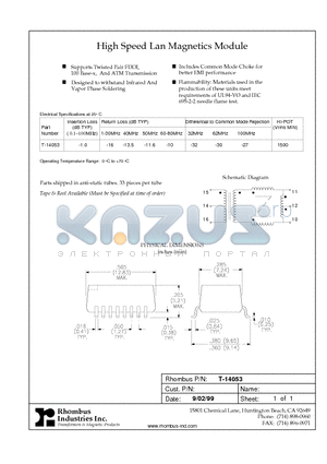 T-14053 datasheet - High Speed Lan Magnetics Module